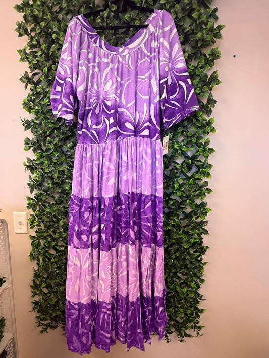 (Size 26) Lanu o le Alofa Dress: Dark Purple, Lavender & White Tiered Tropical Print