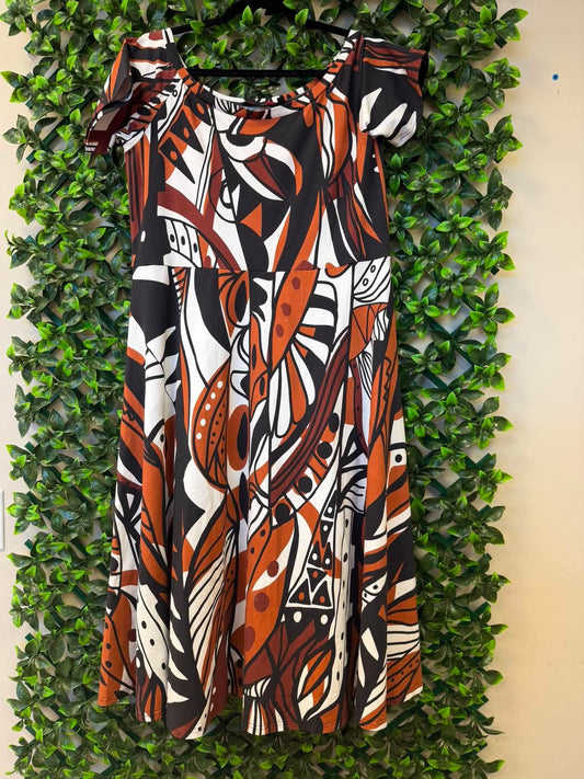 Pualele Flaired Dress – Rust Brown, Black & White Abstract Motif