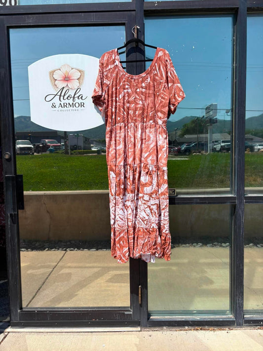 (Size 24) Island Bloom Tiered Maxi Dress – Terracotta & White Abstract Tribal Print