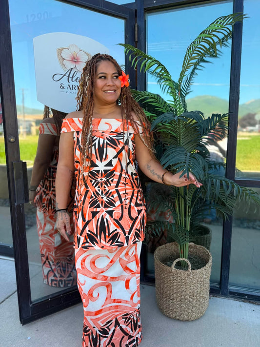 (Size 18) Le Lalelei Puletasi: The Beauty Collection – Orange, Black & Cream Tribal Print