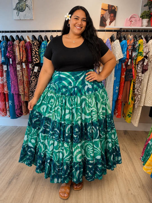 (Size 24) Galu Alofa "Wave Of Love" Tiered Maxi Skirt – Dark Navy, Mint Green & White