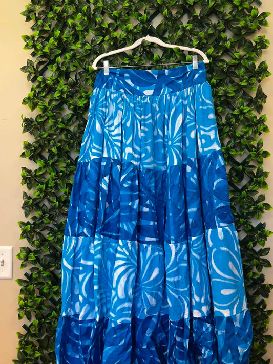 (Size 22) Galu Alofa "Wave Of Love" Tiered Maxi Skirt – Royal Blue, Sky Blue & White