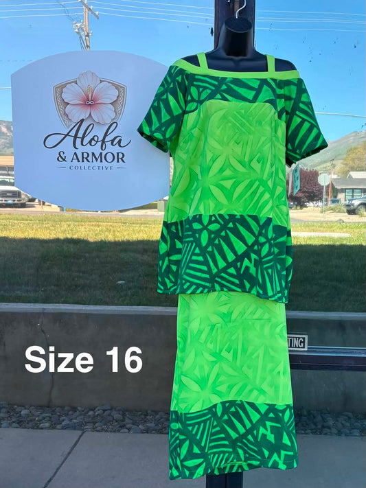 Le Lalei Puletasi: The Beauty Collection – Lime & Forest Green (Size 16)