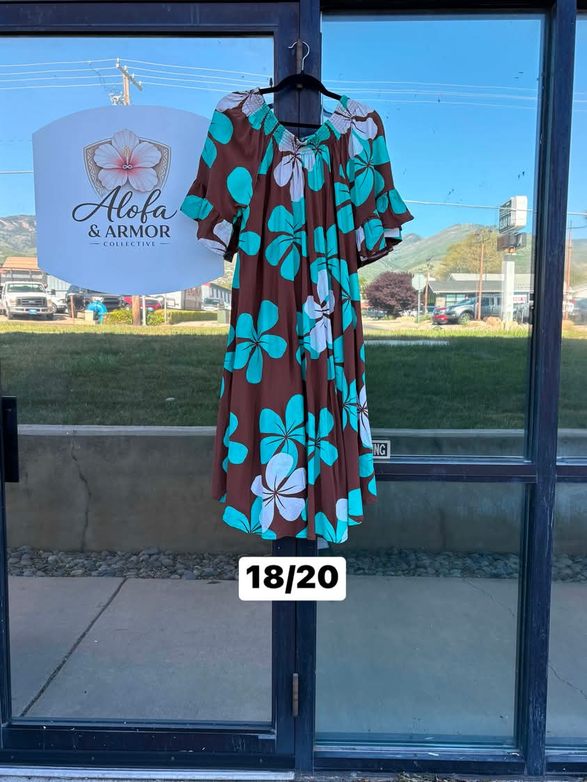 Alofa Lalelei Delia Gathered Dress – Turquoise & Chocolate Brown with Ruffle Flared Sleeves (Size 18/20)