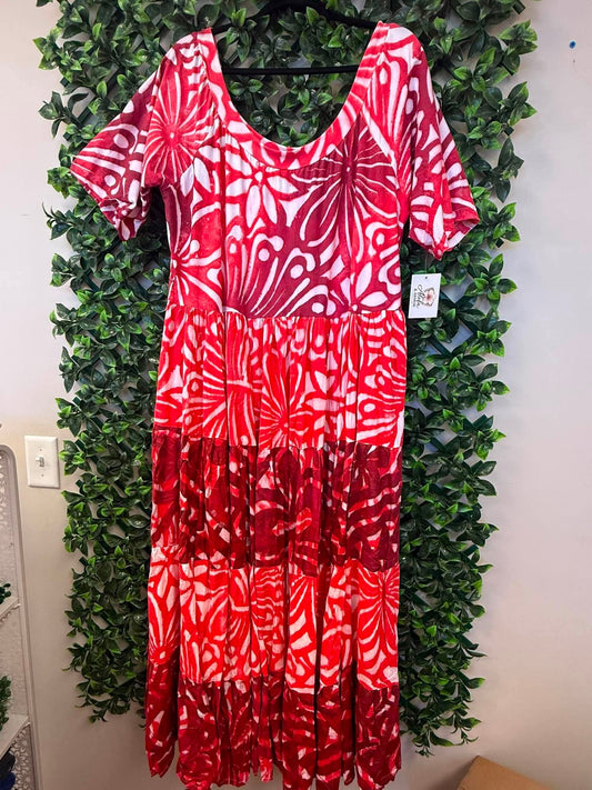 (Size 22) Lanu o le Alofa Dress: Maroon, Red & White Tiered Tropical Print