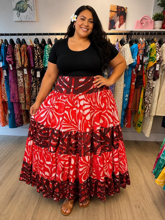 (Size 24) Galu Alofa "Wave Of Love" Tiered Maxi Skirt – Red, Black & White