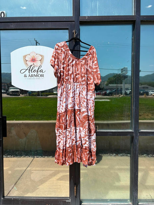 (Size 30) Island Bloom Tiered Maxi Dress – Terracotta Rust & White Mixed Motif Swirl Tribal Print