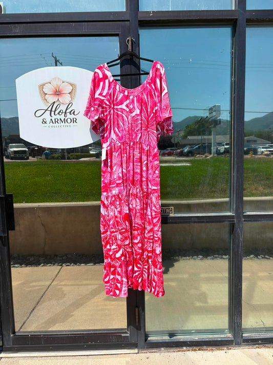 (Size 24) Island Bloom Tiered Maxi Dress – Hot Pink, Red & White Organic Tribal Print