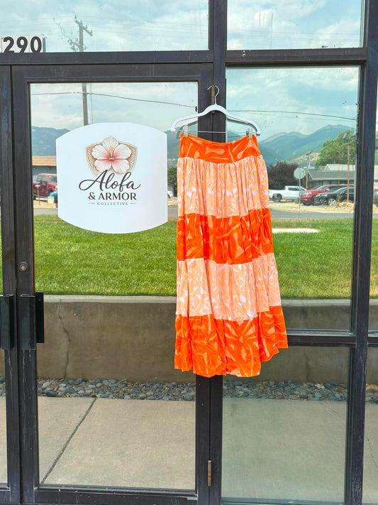(Size 16) Galu Alofa "Wave Of Love" Tiered Maxi Skirt – Orange, Peach & White