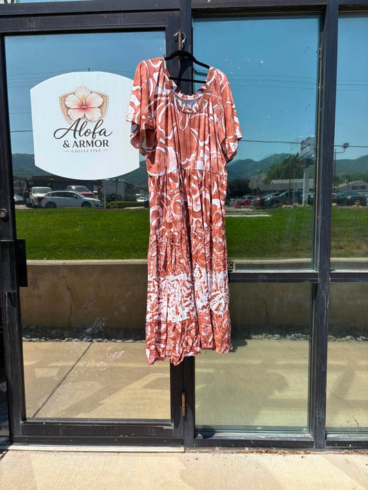 (Size 28) Island Bloom Tiered Maxi Dress – Terracotta Rust & White Organic Tribal Print