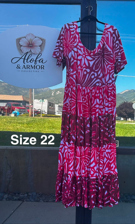 (Size 22) Lanu o le Alofa Dress: Maroon, Red & White Tiered Tropical Print
