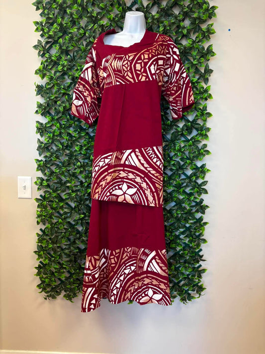 (Size 24) Le Lalalei Puletasi: The Beauty Collection – Burgundy & White Circular Tribal Print