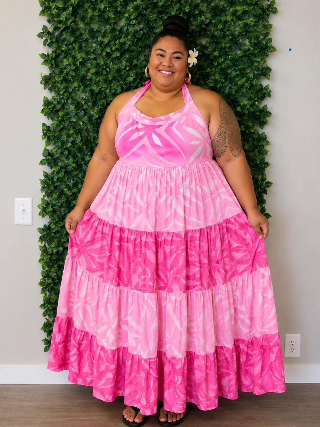 (Size 24) Alofa in Bloom Halter Dress: Hot Pink, Soft Pink & White Tiered Tropical Print
