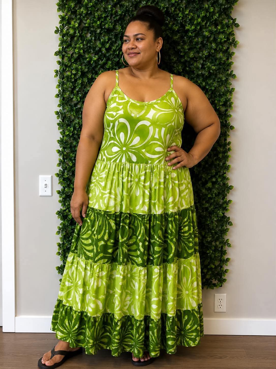 (Size 26) Island Breeze Layered Dress: Lime Green, Forest Green & White Layered Tropical Print