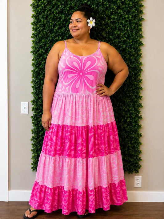 (Size 16) Island Breeze Layered Dress: Soft Pink, Hot Pink & White Layered Tropical Floral Print