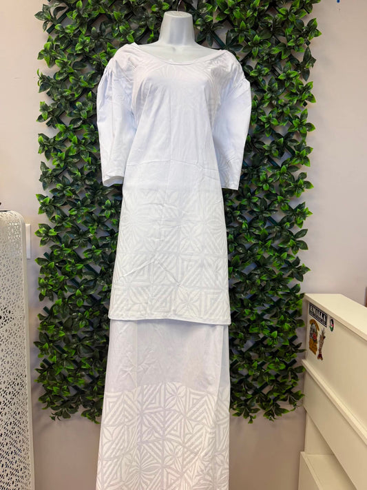 (Size 24) Pure Alofa White Puletasi Two-Piece Set: Scoop Neck Tunic & Geometric Triangle Block Print Maxi Skirt