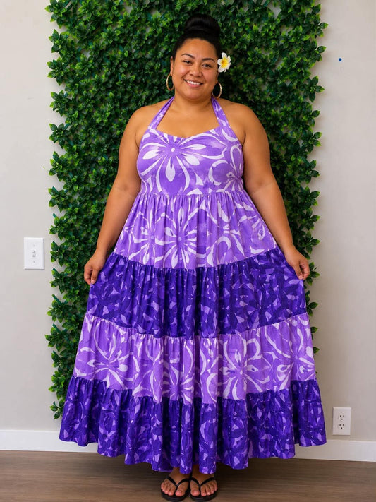 (Size 20) Alofa in Bloom Halter Dress: Royal Blue, Lavender & White Tiered Tropical Print