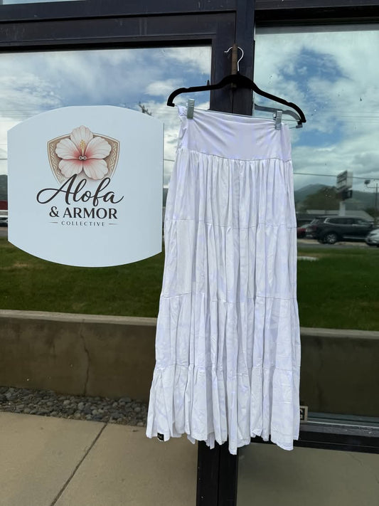 Galu Alofa "Wave Of Love" Tiered Maxi Skirt – White on White (Size 16/18)