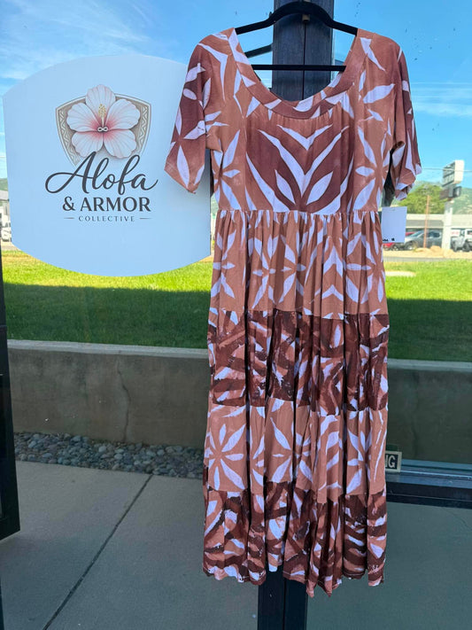 (Size 18) Island Bloom Tiered Maxi Dress – Terracotta, Dark Brown & White Floral Geometric Print