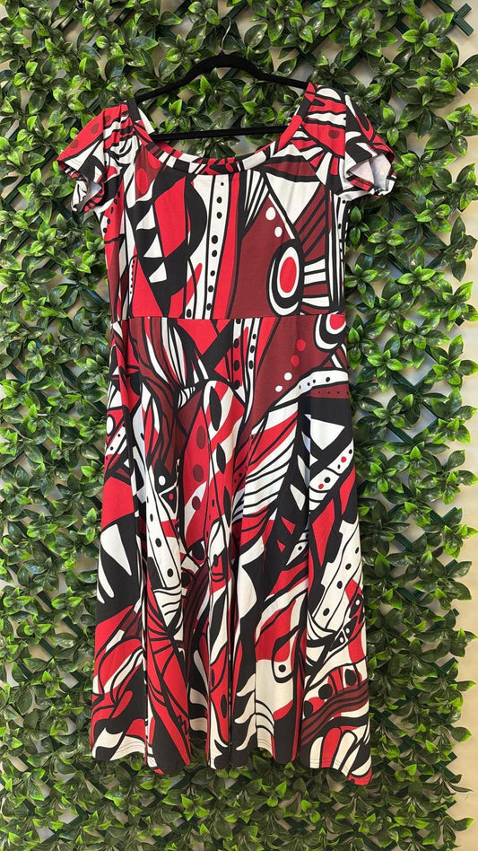 Pualele Flaired Dress – Crimson Red, Burgundy, Black & White Abstract Motif