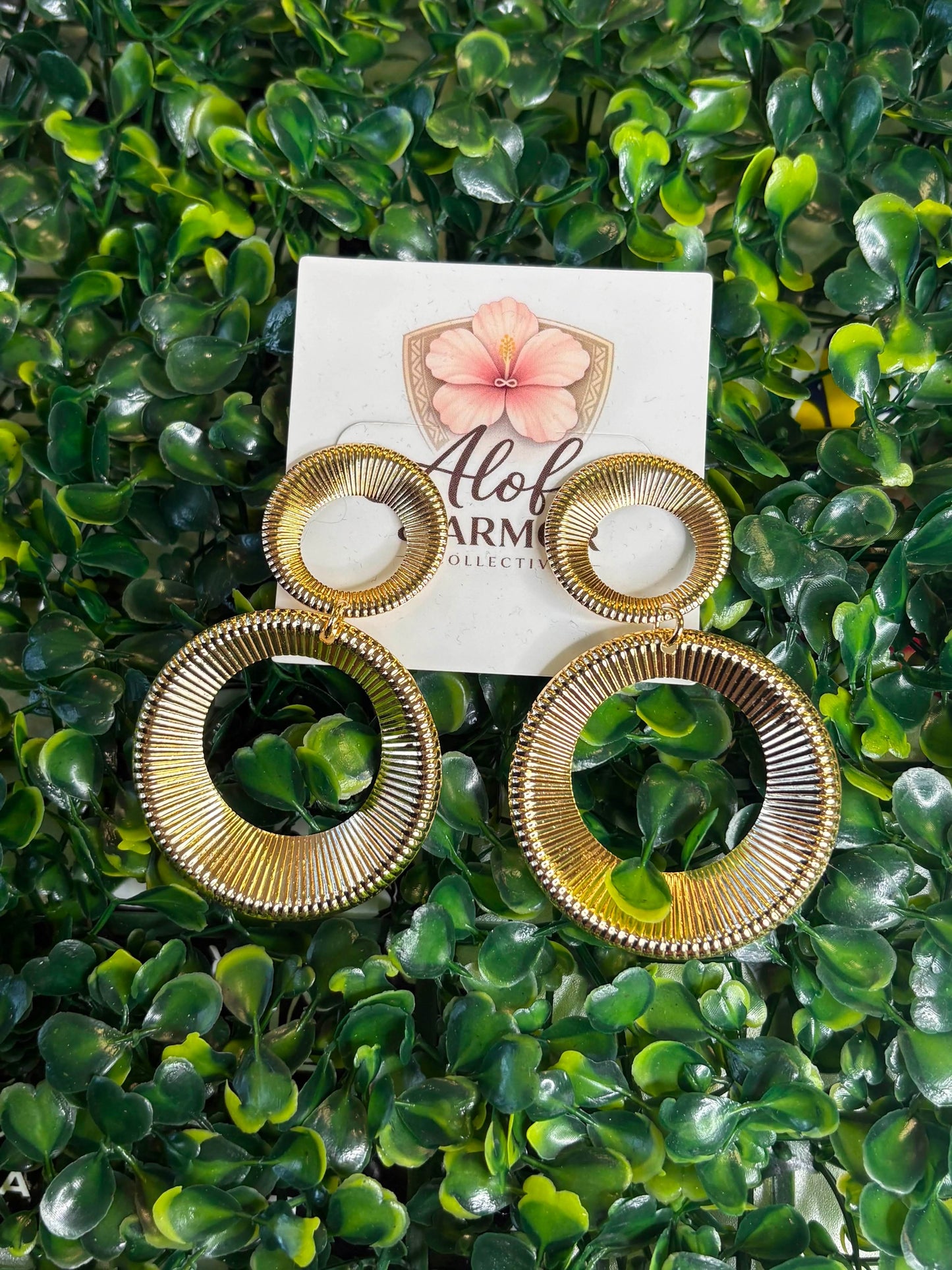 Tropical Luxe – Gold Textured Double Open Hoop Statement Drop Earrings