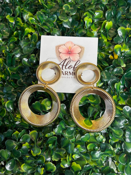 Tropical Luxe – Gold Textured Double Open Hoop Statement Drop Earrings