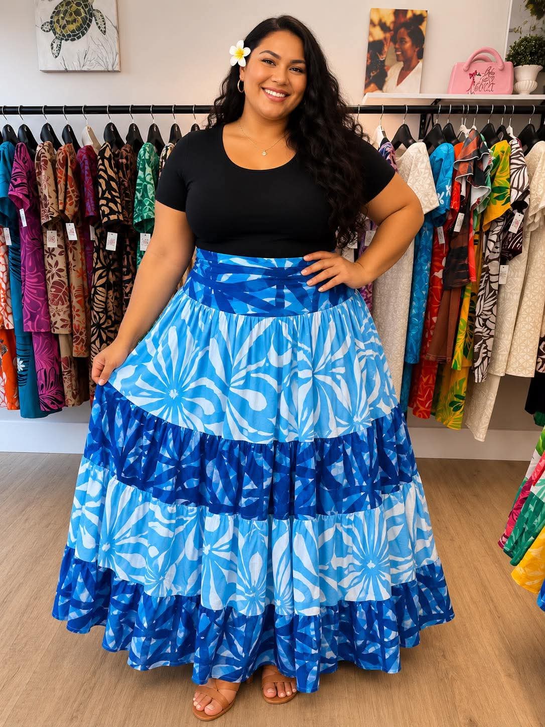 (Size 24) Galu Alofa "Wave Of Love" Tiered Maxi Skirt – Royal Blue, Sky Blue & White