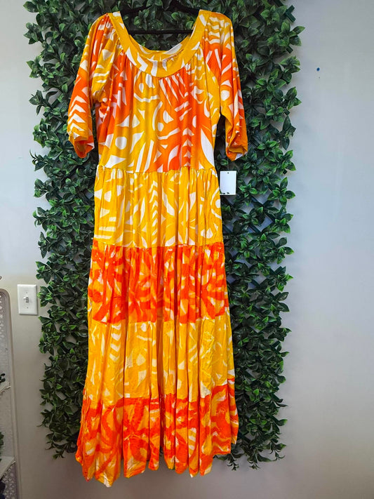 (Size 26) Lanu o le Alofa Dress: Orange, Yellow & White Tiered Tropical Print