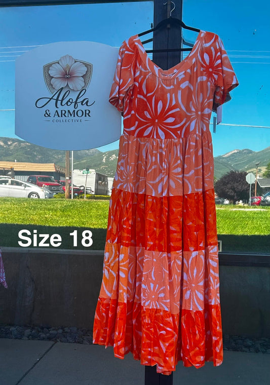 (Size 18) Lanu o le Alofa Dress: Orange & Coral Tiered Tropical Pattern