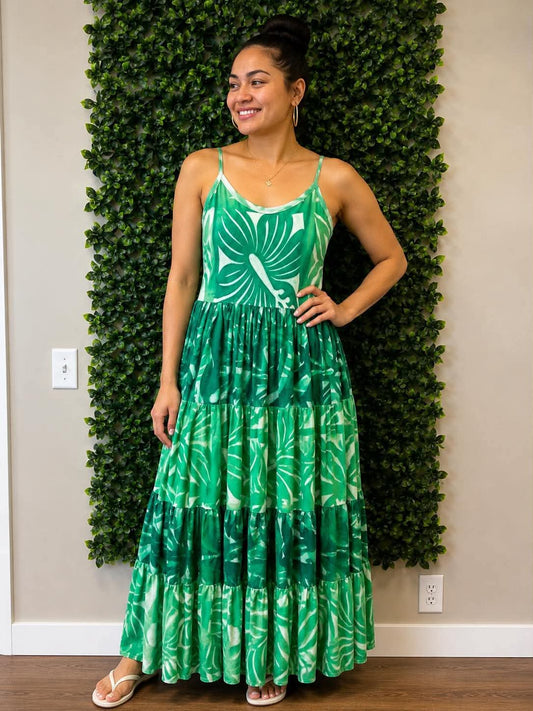 (Size 12) Island Breeze Layered Dress: Bright Green, Emerald & White Layered Tropical Print