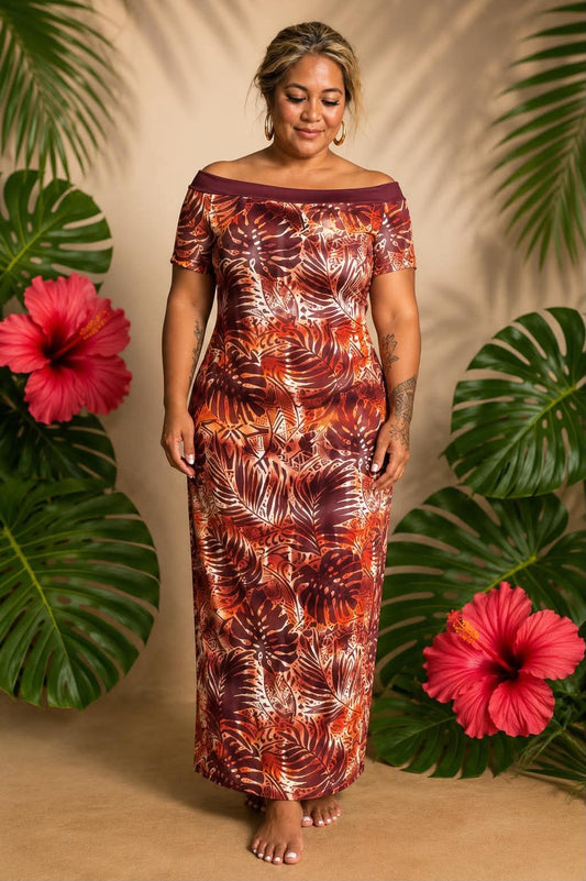 Tropical Grace Off-Shoulder Maxi Dress: Earthy Copper, Chestnut & Amber Island Leaf Print