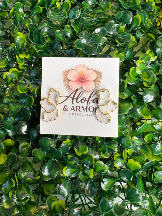 Tropical Luxe – High-Shine Metallic Pearl White Textured Flower Petal Statement Post Earrings