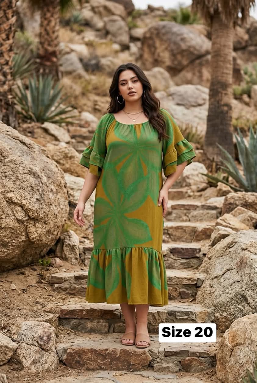 Size 20 - Island Flow Muumuu – Mustard Yellow & Olive Green Botanical Print