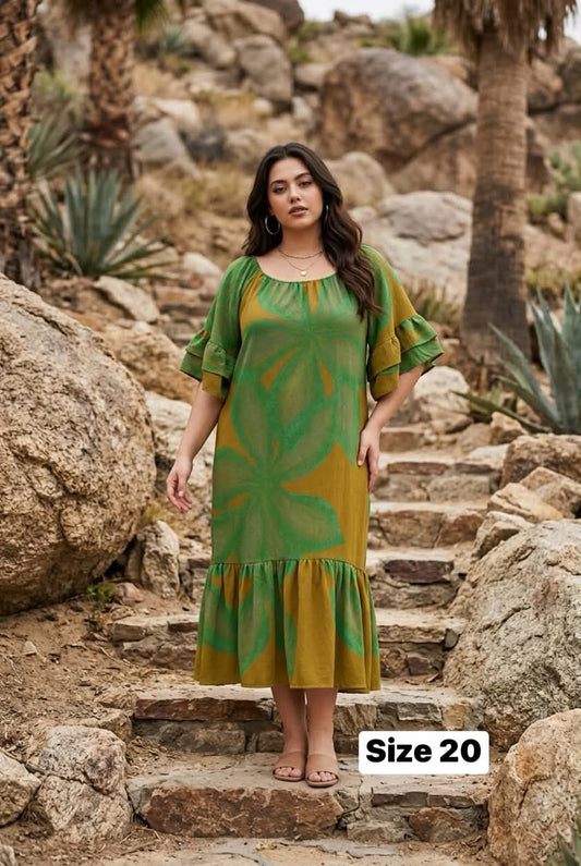 Size 20 - Island Flow Muumuu – Mustard Yellow & Olive Green Botanical Print