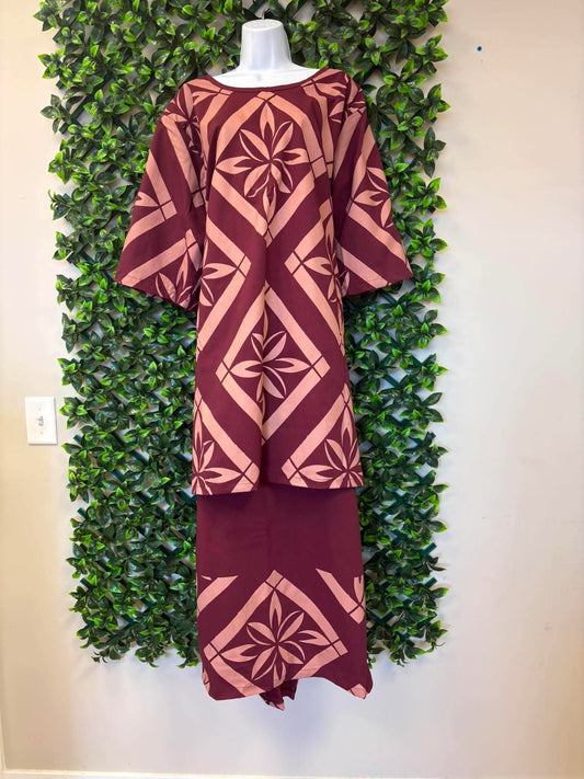 (Size 28) Le Lalalei Puletasi: The Beauty Collection – Burgundy & Peach Geometric Diamond Floral Print
