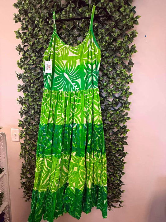 (Size 20) Island Breeze Layered Dress: Lime Green, Kelly Green & White Layered Tropical Print