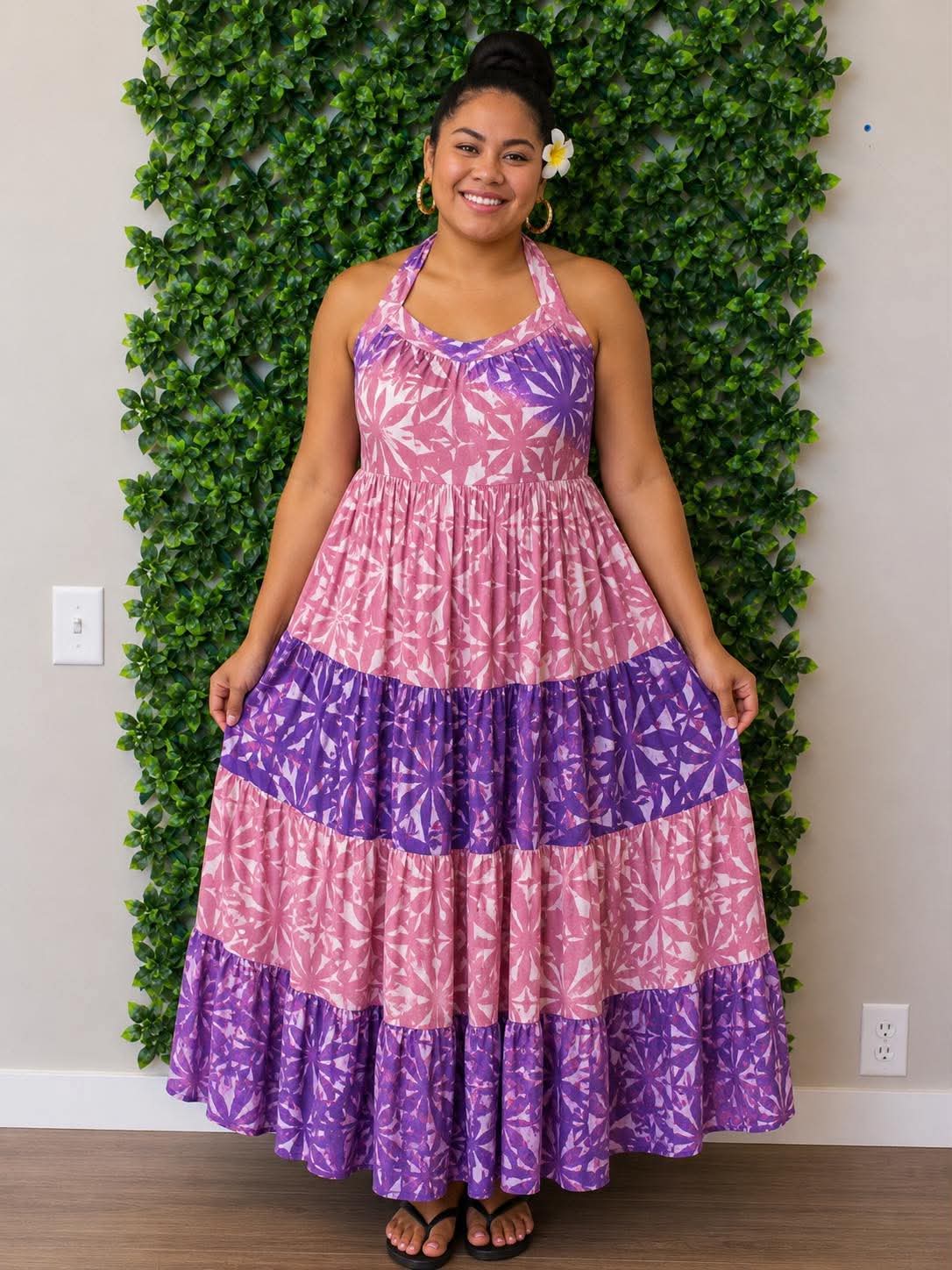 (Size 18) Alofa in Bloom Halter Dress: Royal Blue, Soft Pink & White Tiered Geometric Tropical Print