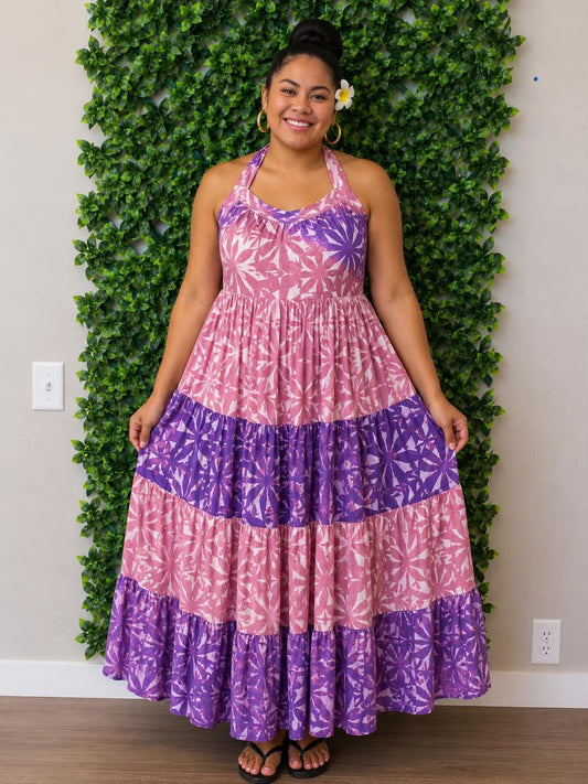 (Size 18) Alofa in Bloom Halter Dress: Royal Blue, Soft Pink & White Tiered Geometric Tropical Print