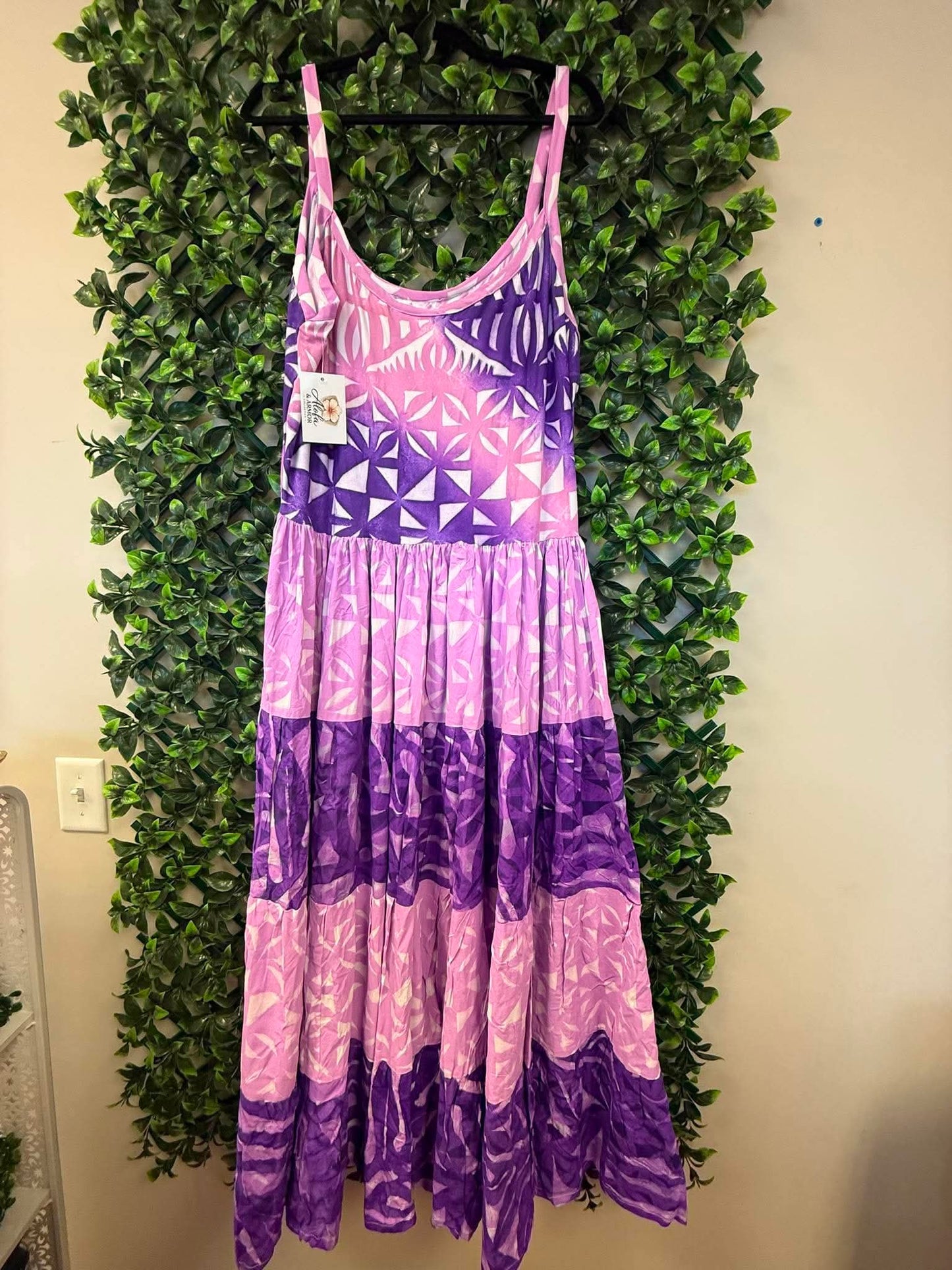 (Size 18) Island Breeze Layered Dress: Pink, Purple & White Layered Tropical Print