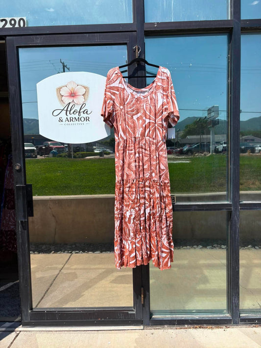 (Size 22) Island Bloom Tiered Maxi Dress – Terracotta & White Tribal Floral Print