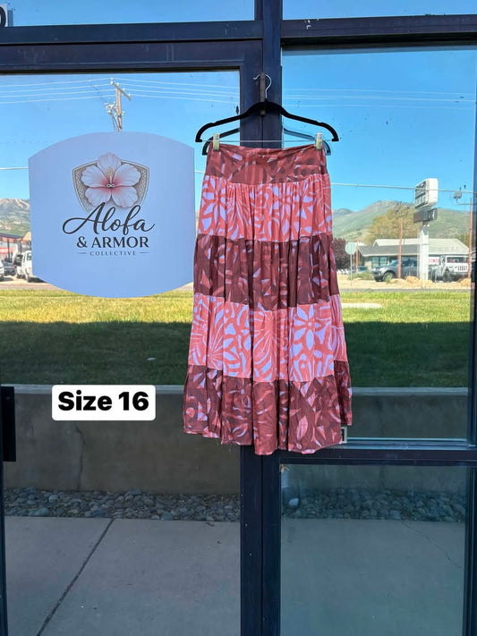 Galu Alofa "Wave Of Love" Tiered Maxi Skirt – Chestnut & Rose (Size 16)