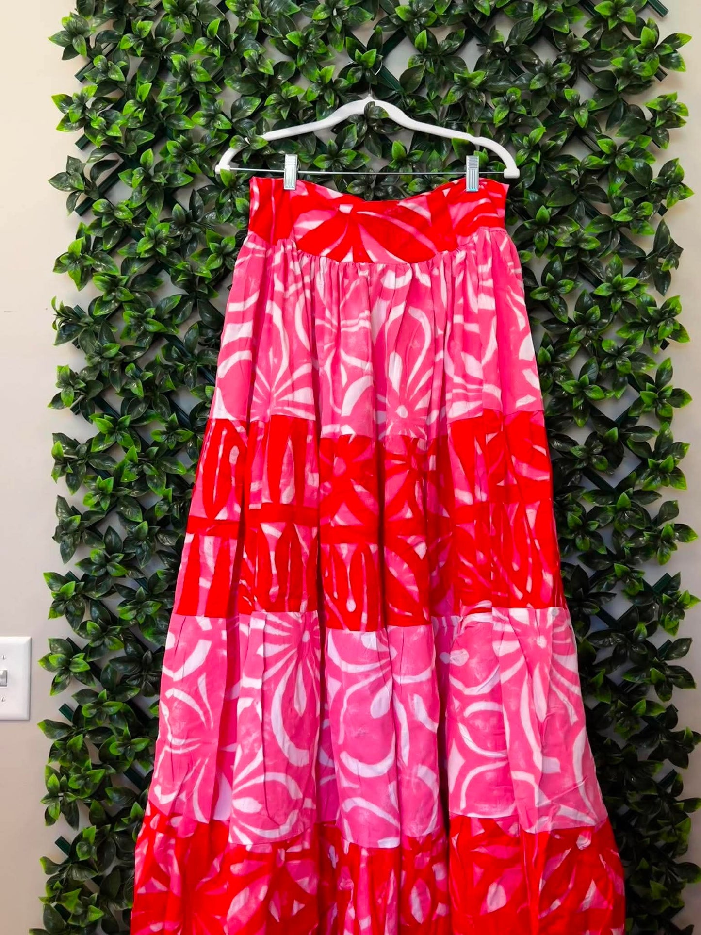 (Size 22) Galu Alofa "Wave Of Love" Tiered Maxi Skirt – Red, Hot Pink & White
