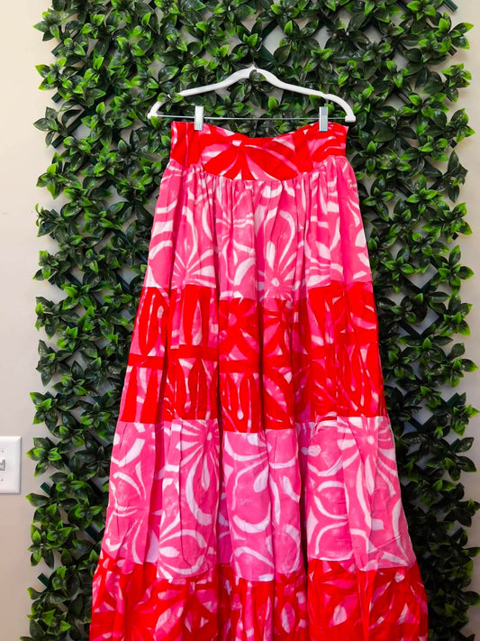 (Size 22) Galu Alofa "Wave Of Love" Tiered Maxi Skirt – Red, Hot Pink & White