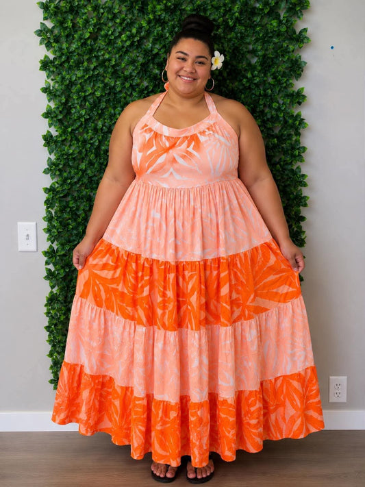 (Size 22) Alofa in Bloom Halter Dress: Vibrant Orange, Peach & White Tiered Tropical Print