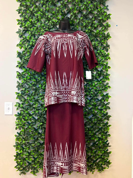 (Size 14) Le Lalalei Puletasi: The Beauty Collection – Maroon & White Intricate Geometric Tribal Print