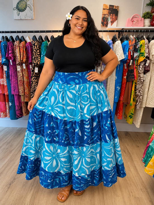 (Size 24) Galu Alofa "Wave Of Love" Tiered Maxi Skirt – Royal Blue, Ocean Blue & White