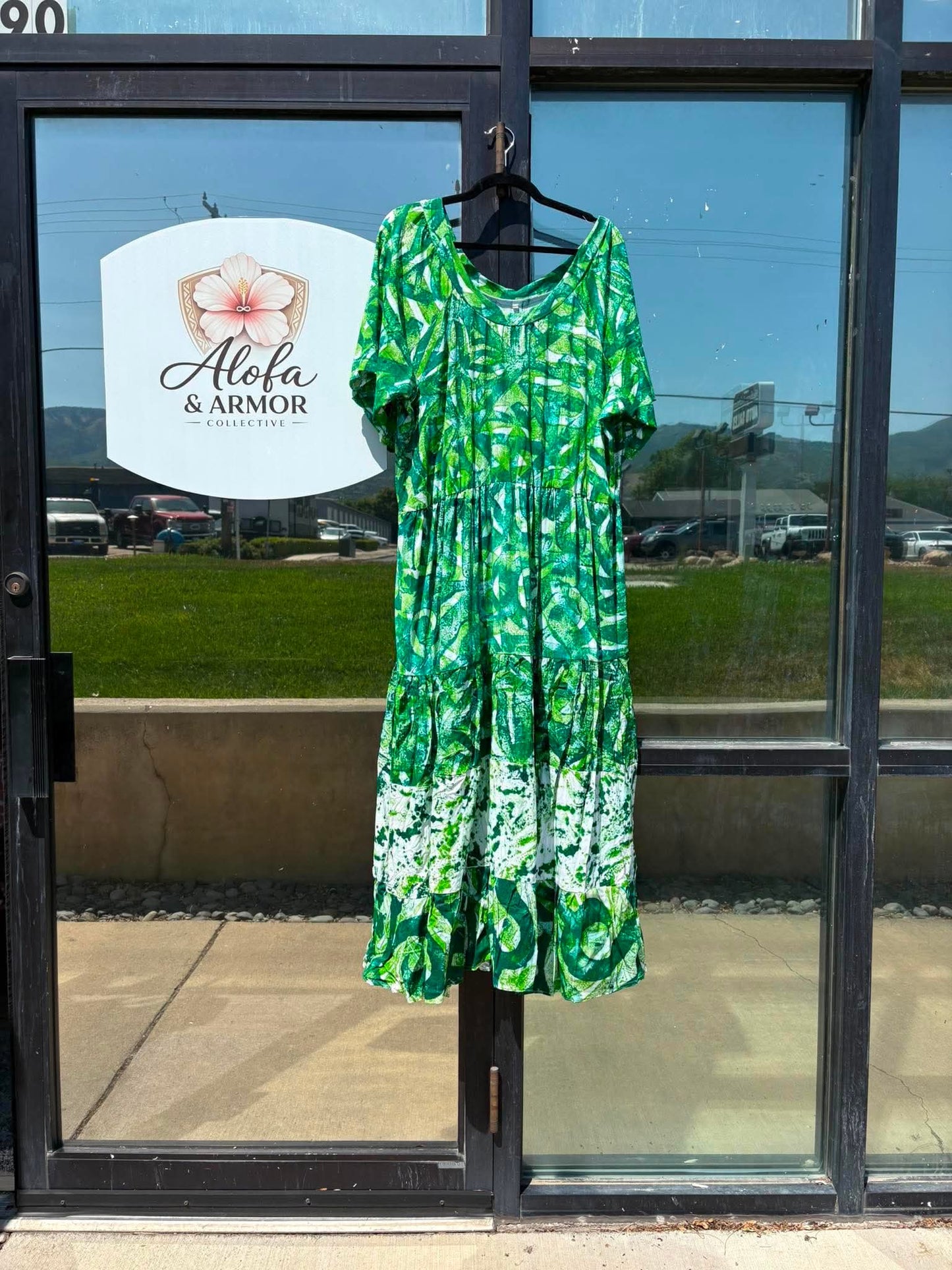 (Size 26) Island Bloom Tiered Maxi Dress – Lime, Emerald Green & White Organic Tribal Print