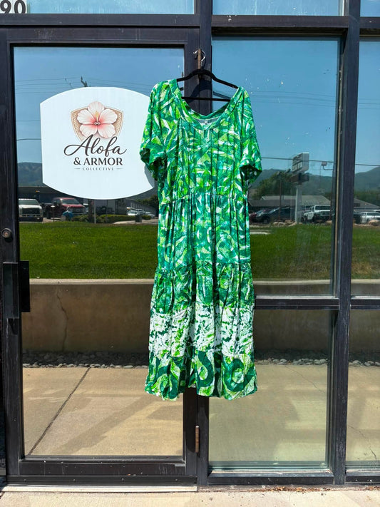 (Size 26) Island Bloom Tiered Maxi Dress – Lime, Emerald Green & White Organic Tribal Print