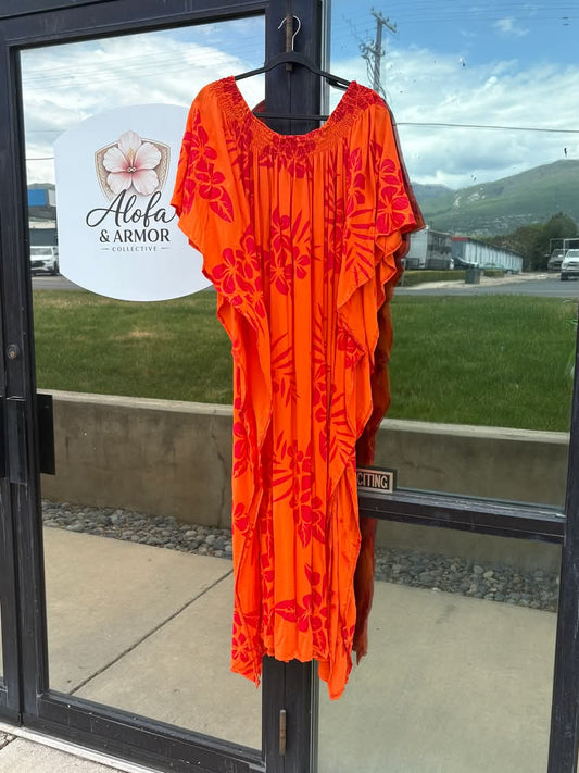 Galu Alofa Luxurious Gathered Kaftan Maxi Dress – Orange & Scarlet Red (18/20)