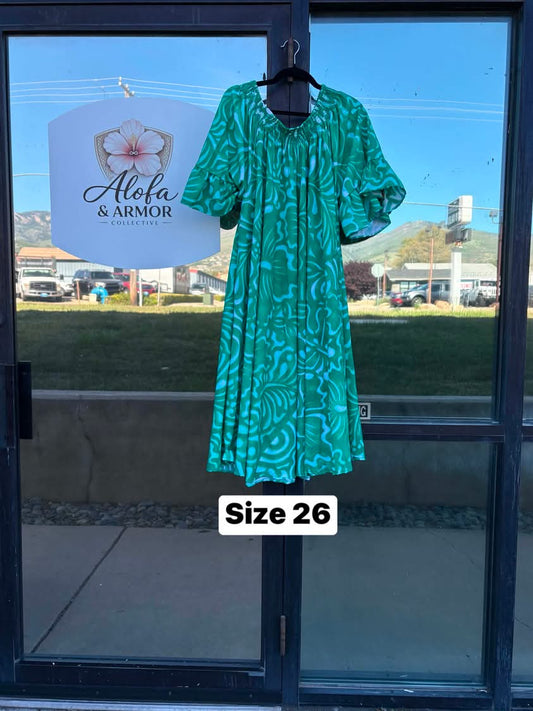 Alofa Lalelei Delia Gathered Dress – Kelly Green & Mint with Ruffle Flared Sleeves (Size 26)